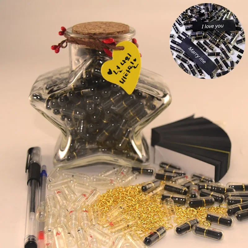 Cápsulas para mensajes en botella, 200/100 Uds., letras transparentes, pastillas de amor, emoticono, pastillas sonrientes con rollo de papel, regalo de boda y San Valentín