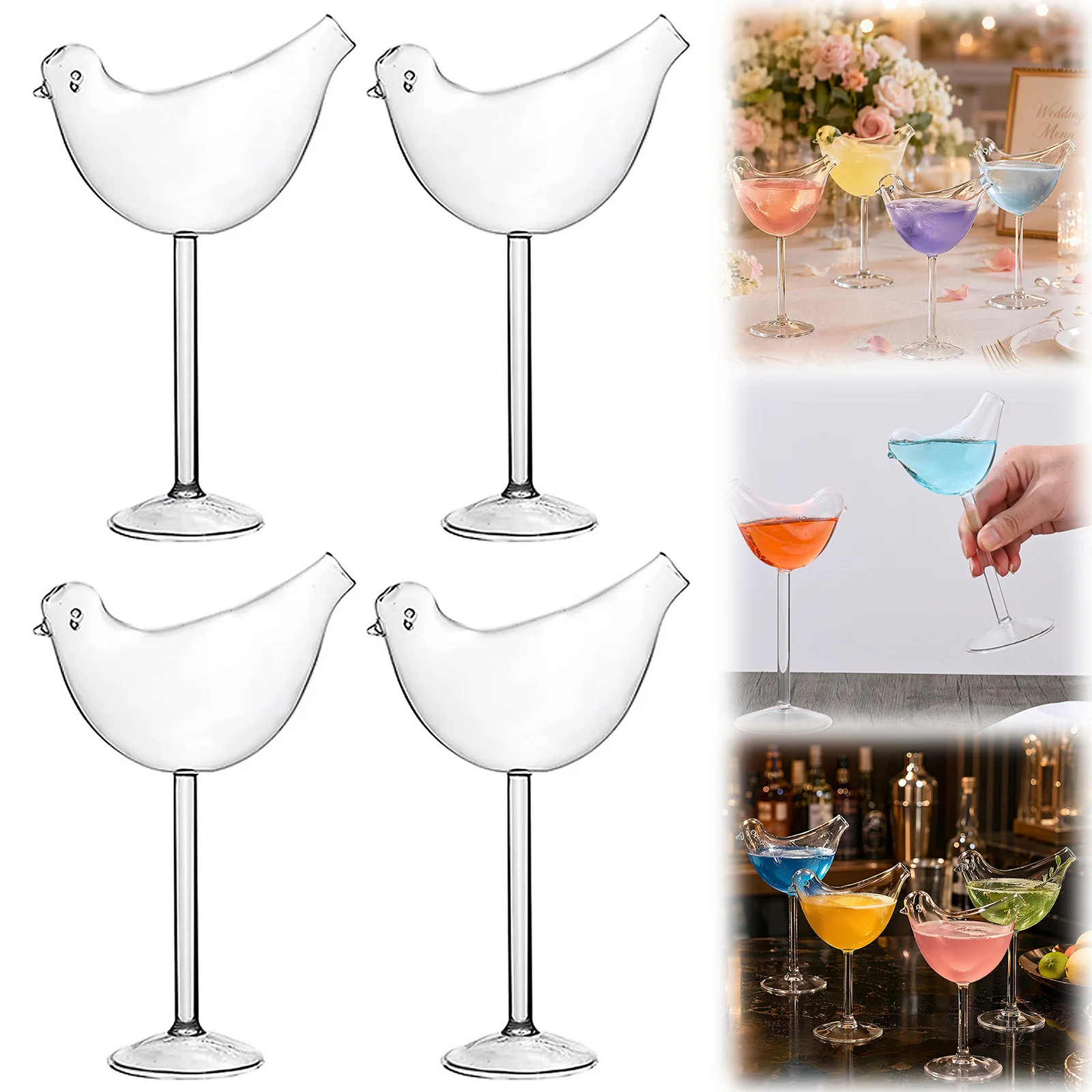 4Pcs Cute Bird Shape Glasses Multi-Purpose Bird Shaped Wine Glass Creative Birds Cocktail Glass for Party Wedding Home Decor