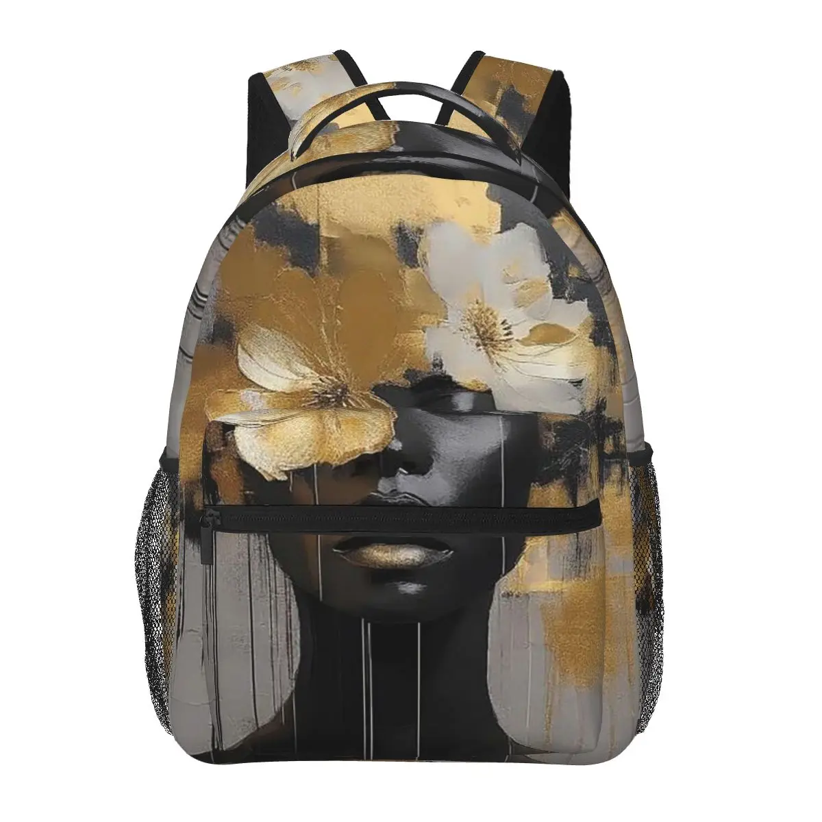 

White Flower Black Woman Student Backpack School Bag Hiking Travel Daypack for Men Women Fashion Bookbag Shoulder Bags