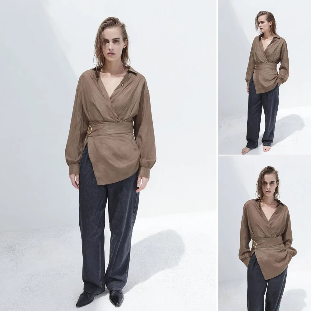 

Mia Muse Boutique Women's Shirts Daily Fashion Solid Color Fitted Waist 3D Decor Long Sleeve V-Neck Slim Shirts