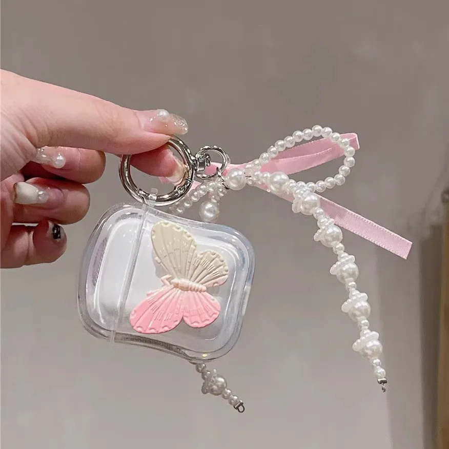 Apple Airpods 1/2/3 Proイヤホン用のかわいいパールチェーン,蝶の装飾,tpu製イヤホン用カバー