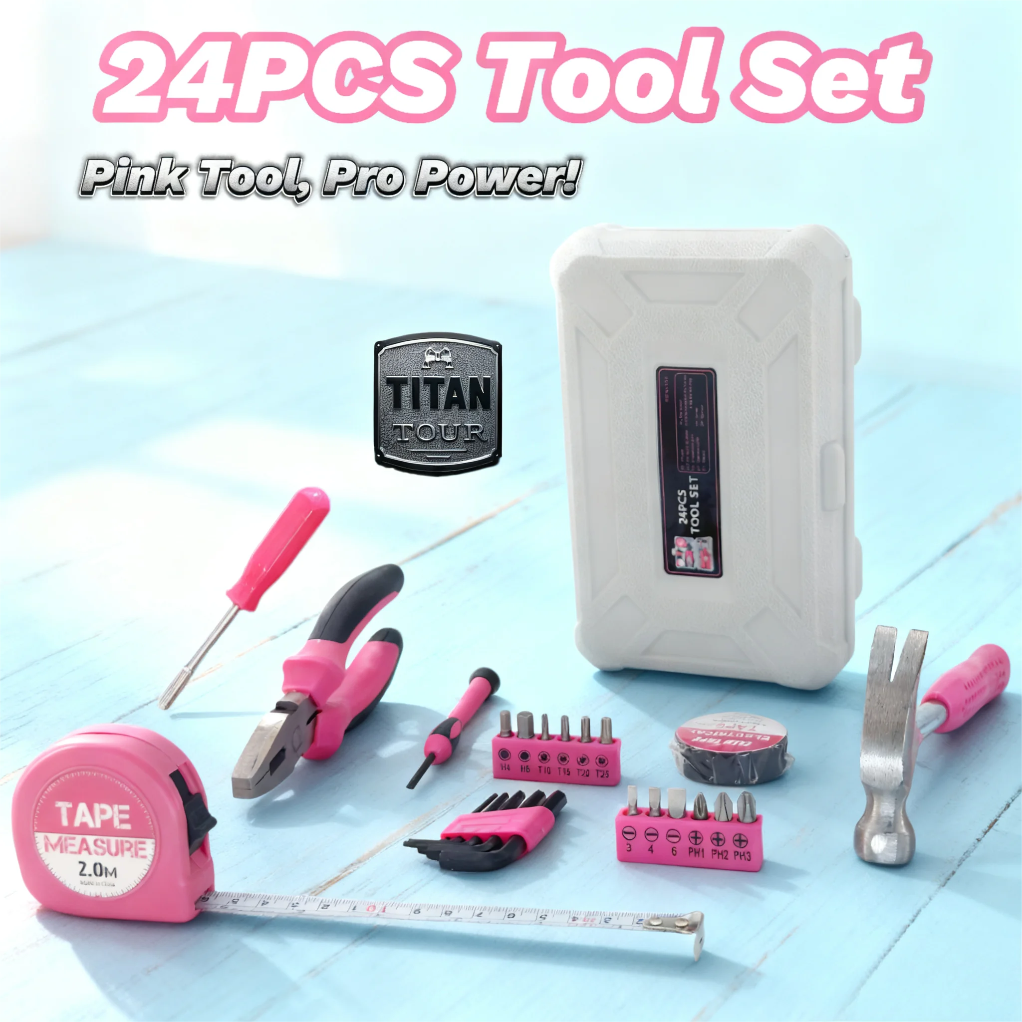 Pink Tool Set New Year Gift | 24-Piece CR-V Alloy Steel Car Repair Tool Kit | Includes Professional Wrenches/Pliers/Screwdrivers