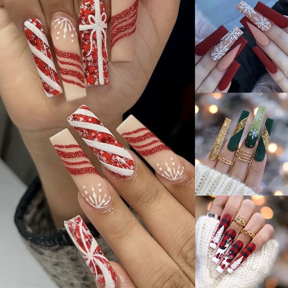 24 Stück DIY Maniküre Schneeflocke Full Cover Long Sarg Weihnachten Fake Nails Ballerina