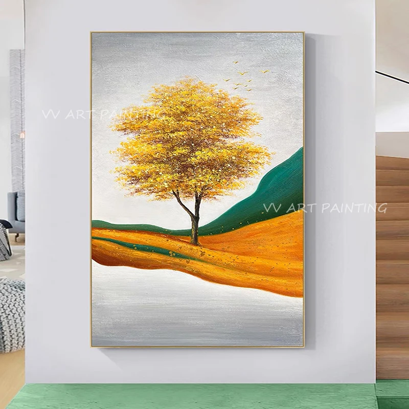 

100% Handmade Abstract gold foil tree landscape artwork oil painting for office living room decoration