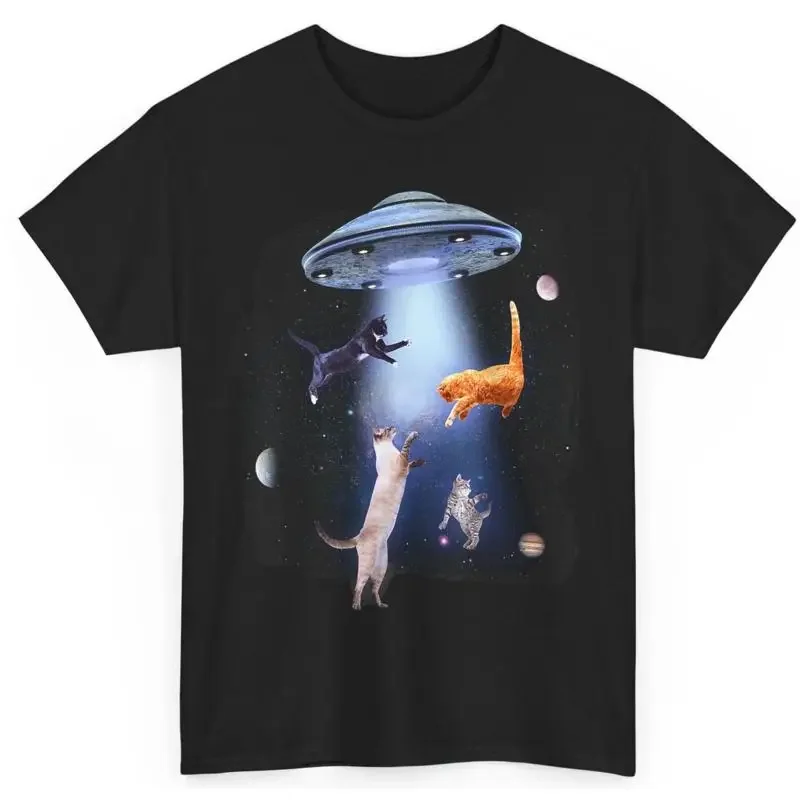 Cats in Space T Shirt Alien Cat UFO Abduction Tee Unisex Heavy Cotton Tee