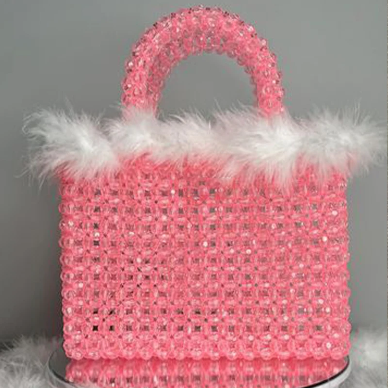 Large Size Bead Bag with Ostrich Feather Fur Designer Brand Clear Acrylic Stone Box Tote Handbag Women Handmade Party Purse