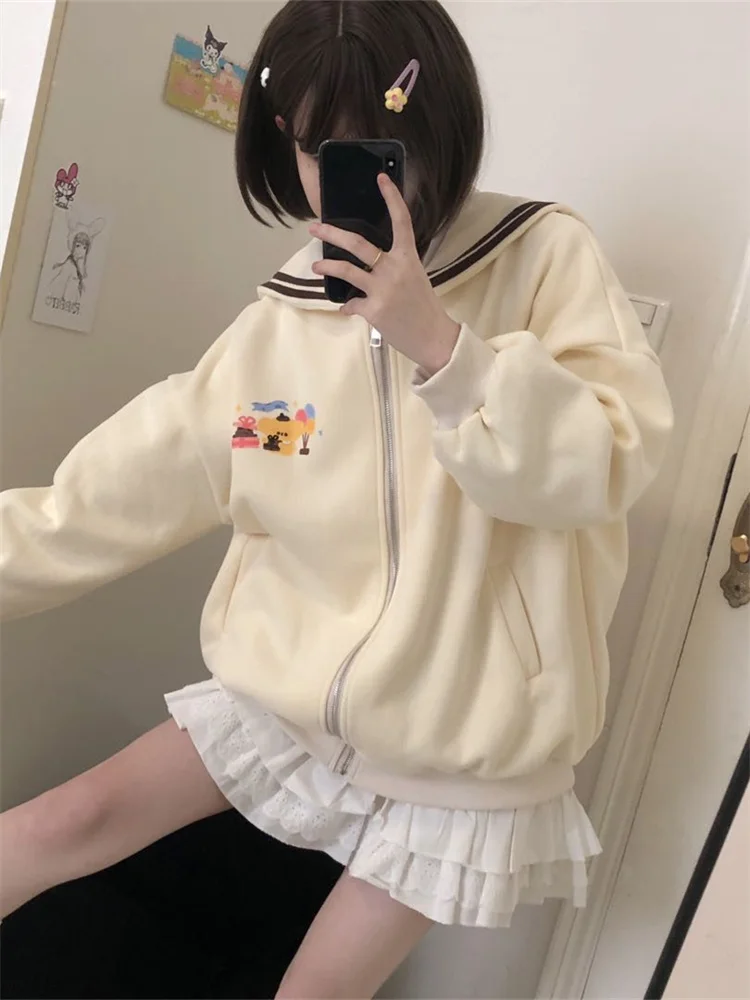 QWEEK Harajuku Kawaii Zip Up Hoodie Women Sailor Collar Japanese Style Cute Sweatshirts Oversize Lolita Girly Anime Print Jacket