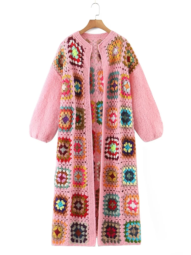 GypsyLady Handmade Kintted Long Sweater Cardigan Multicolor Crochet Women Winter Cardigan Gray Pink Sweater Outerwear Coat