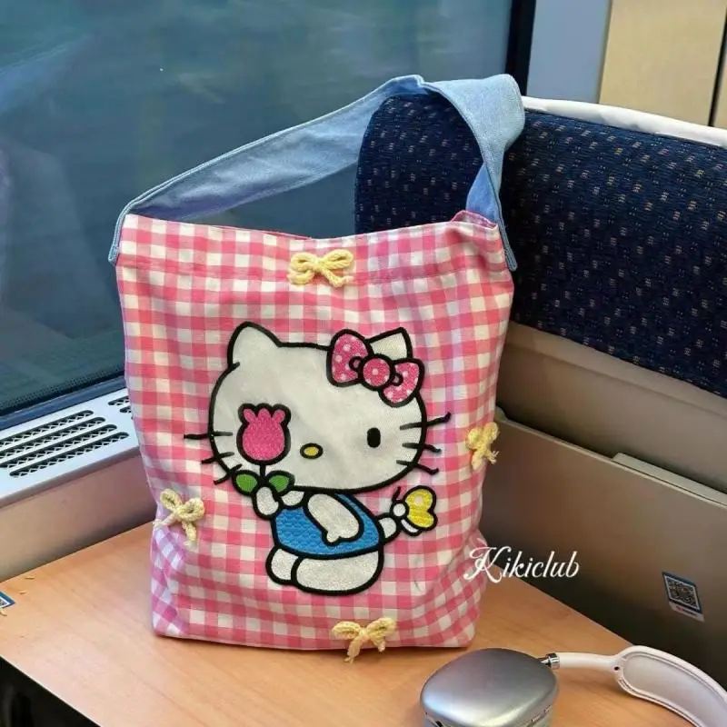 2024 Kawaii Cute Sanrio Hellokitty Bag Canvas Shoulder Bag Large Capacity Plaid Handbag Underarm Bag Ins Gifts Girlfriend Gifts