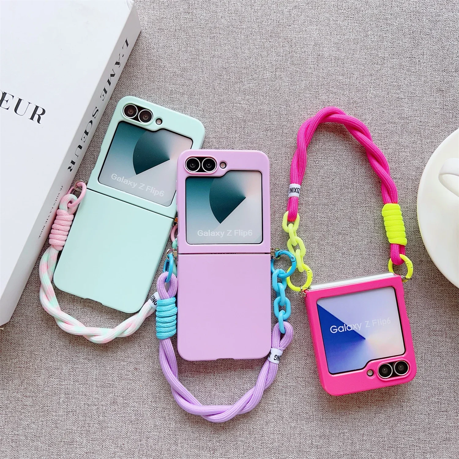 Phone Case For Samsung Galaxy Z Flip 4 5 6 Flip6 Flip5 Flip4 Cute Candy Solid Protective Cover With Wrist Strap Slim
