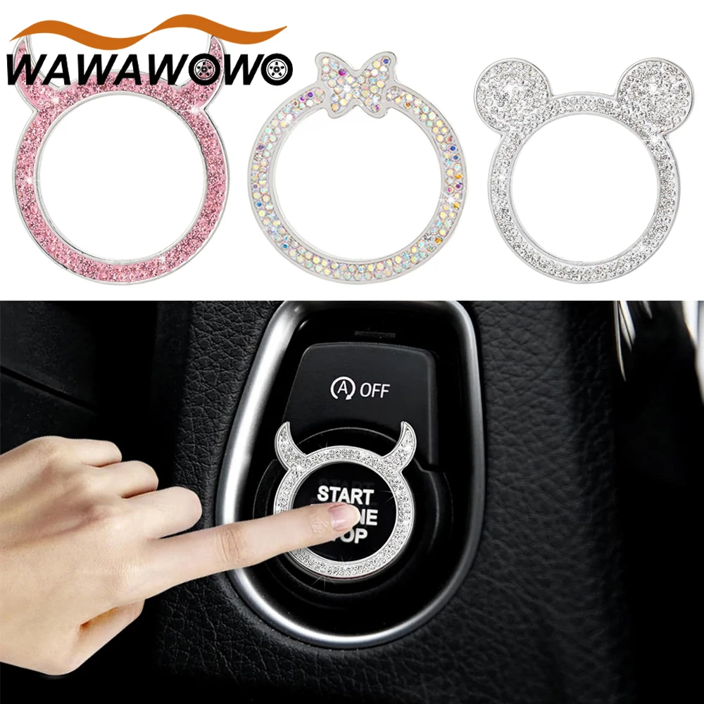 Crystal Car Engine Start Stop Decor Sticker, Rhinestone Key Ignition Knob Ring, Universal Accessories for Interior Decoration