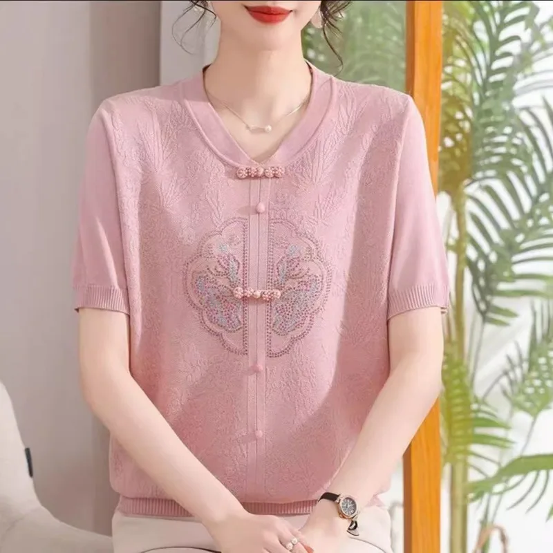 

Mom's Summer Short Sleeved Knitted Sweater New Fashionable T-shirt Tops Women Middle Aged Elderly Summer Fashion Base Layer