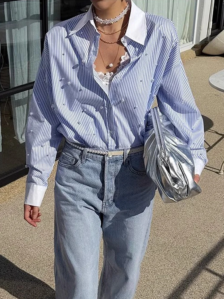 

New Women Fashion Beading Patchwork Blouses Elegant Striped Office Ladies Korean Style Oversize Long Sleeve Design Shirts