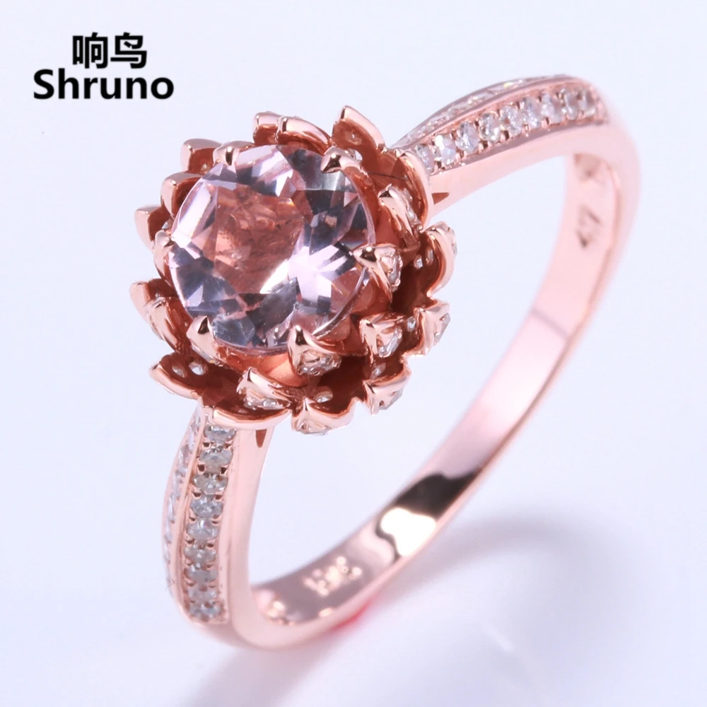 Shruno Solid 14k Rose Gold Lotus Flower Round Natural Morganite Gemstone Ring For Women Diamond Engagement Unique Trendy Jewelry