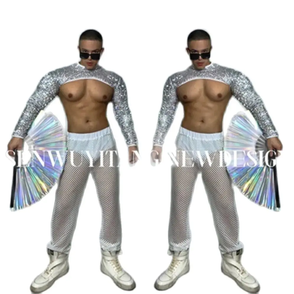 

DS Performance Clothes Bar Sexy Euro American Muscle Men Silver Sequin Hollow Out Pants Fashion Collar Dance Dress YJ012