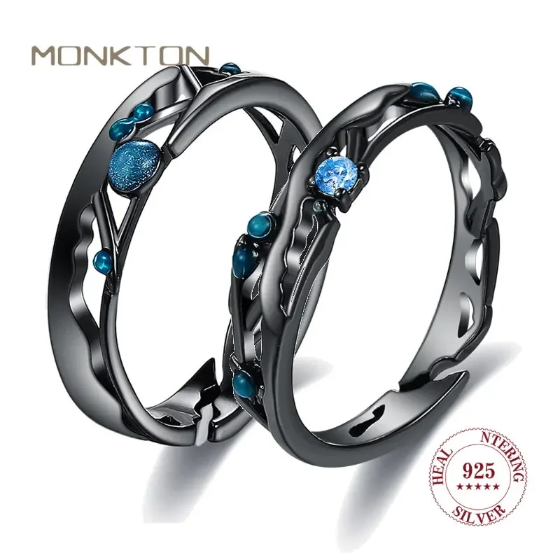 Monkton 100% Srebro Próby 925 Obrączki dla Par z Niebieską Cyrkonią, Ślubne Pierścionki Boho w Stylu Retro, Czarne Pierścionki dla Kobiet, Prezent dla Zakochanych
