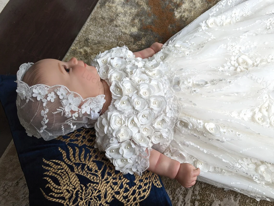 Vestidos de bautizo blancos para bebé, apliques florales de encaje para niñas, bautismo con capó, vestidos de primera comunión de cumpleaños para niños recién nacidos de lujo