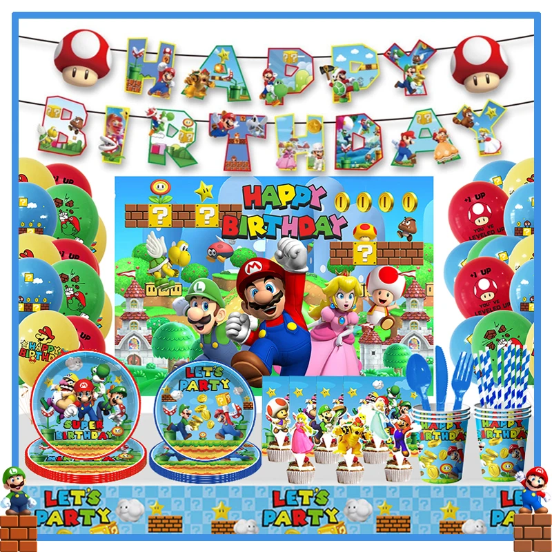 Super Mario Birthday Paty Decoration New Cartoon Mario Paper Napkins Plates Cups Super Brother Balloons Supplies Baby Shower Kid