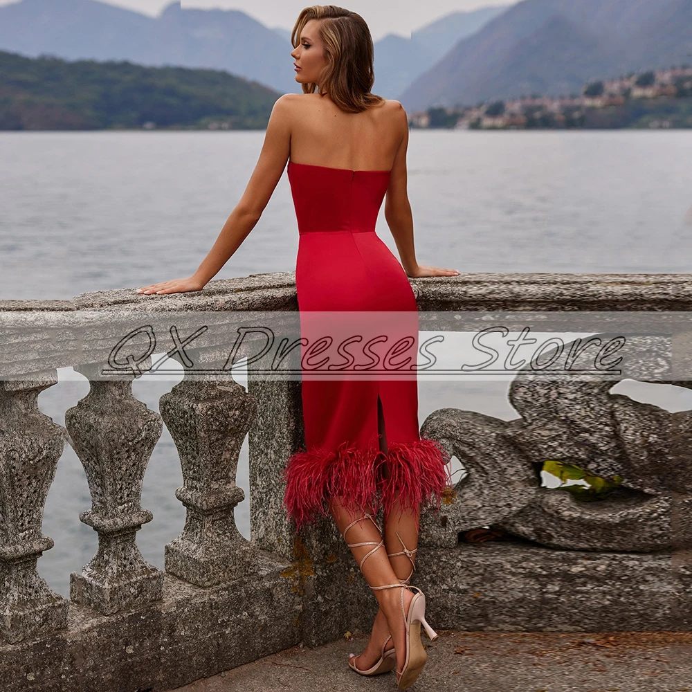 Customized Yipeisha Red Sexy Strapless Cocktail Dress with Feathers Satin Knee Length Prom Gowns Charming Backless Formal Occasi