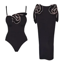 Swimwear preto flor 3D para mulheres, conjunto de maiô sexy, moda praia luxuosa, roupa de banho, vestido de praia, tendência de 2 peças, 2024