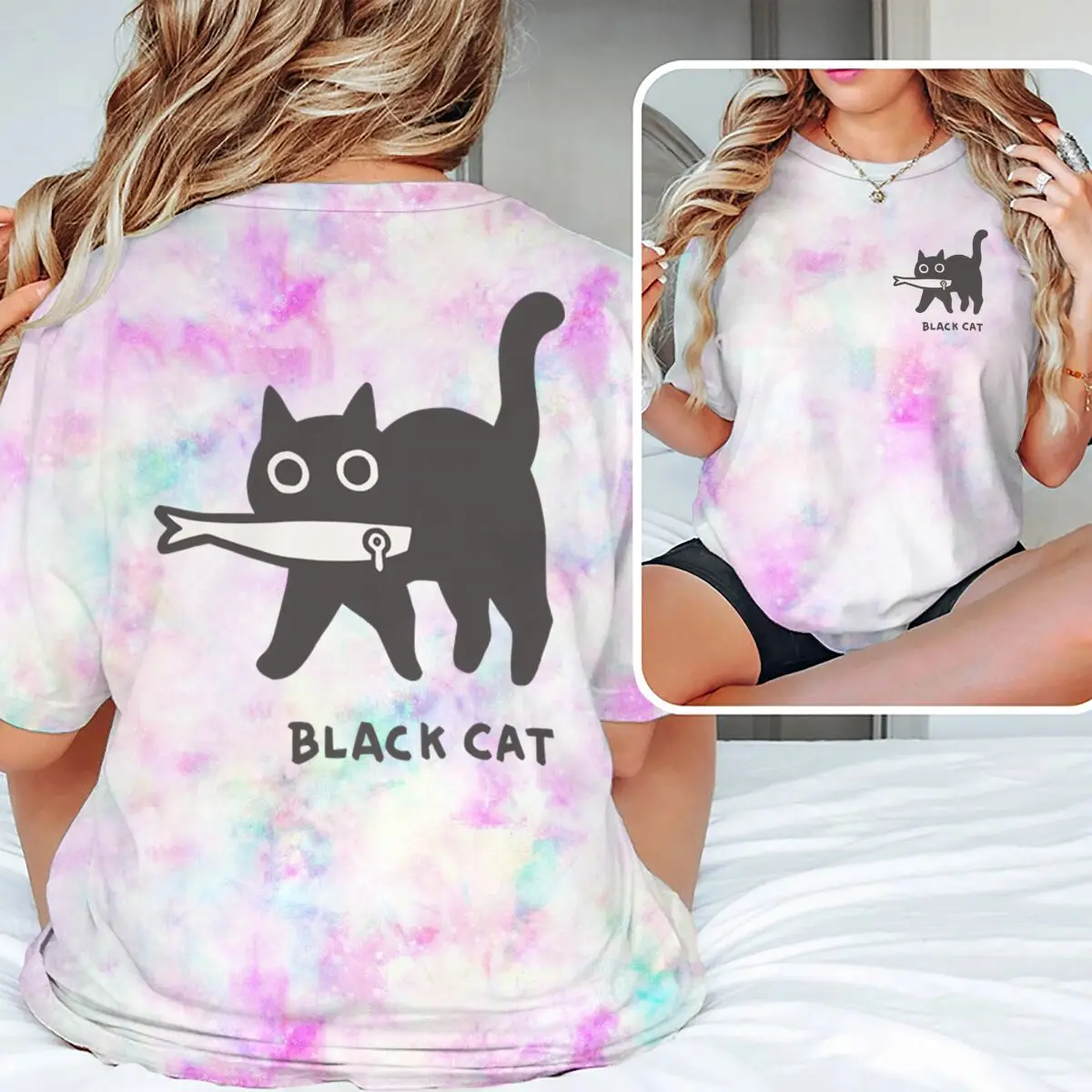 

Funny Black Cat Graphic T Shirts Women Men Cat Lover Gift Tie Dye T-Shirt Fashion Casual Tops Cartoon Animal Short Sleeve Tee