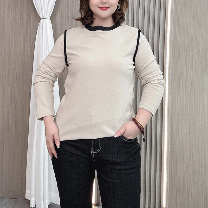 XL XXL Long Sleeve T-shirt Women Autumn Winter DE Velvet Warm Tees Clothes Fashion Loose O-neck Block Color Top 8122