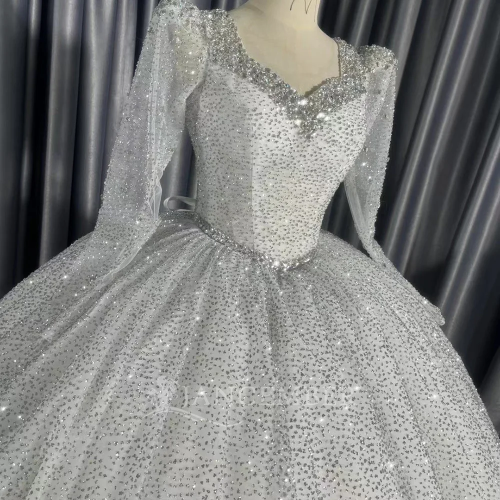 Abito da sposa abito da ballo con perline abito da ballo maniche lunghe scollo rotondo abito da sposa all'ingrosso in fabbrica Vestido De Novia personalizzato