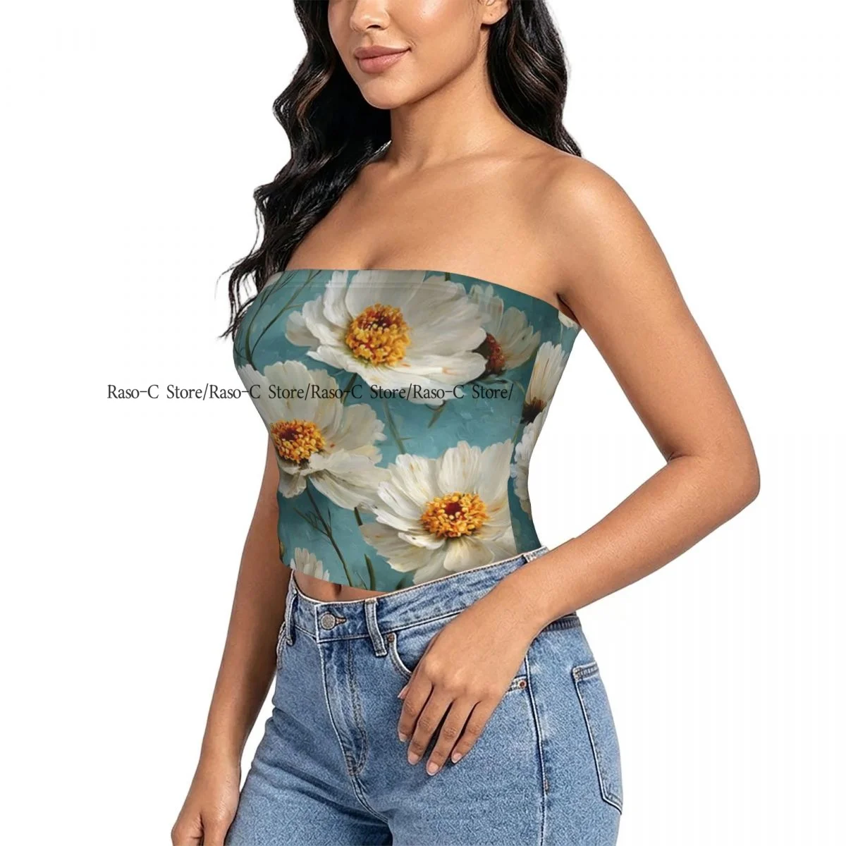 Women strapless blouses sleeveless Chrysanthemums On Blue Background halter-neck sexy short-sleeved blouses
