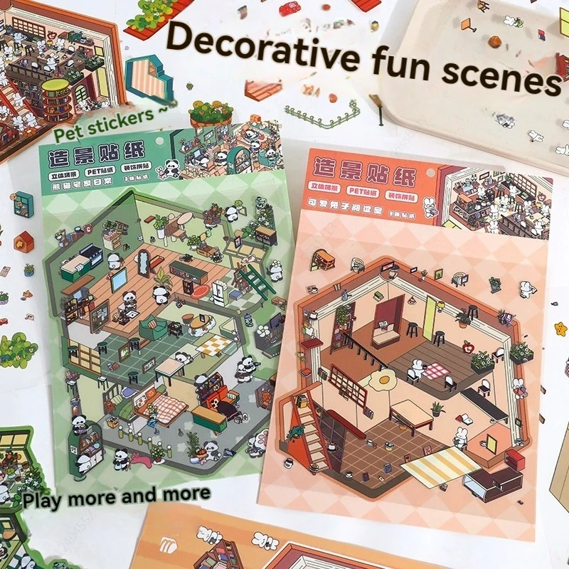 Cartoon-Miniatur-Szenen-Aufkleberbuch – Mini-3D-Hütten-Journal-Materialien, DIY-Kreativ-Handgemachte-Collage-Aufkleber
