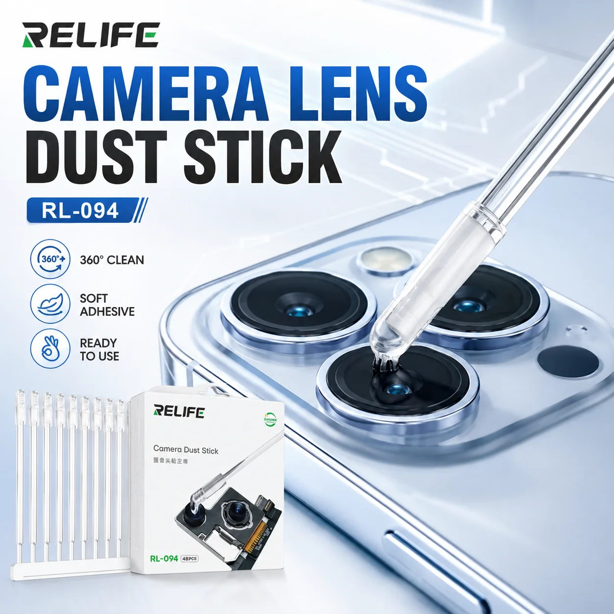RELIFE 48PCS Camera Lens Cleaning Sticks Synthetic Resin Gel Dust Remover for Mobile Phone Android Camera Repair Maintenance Kit