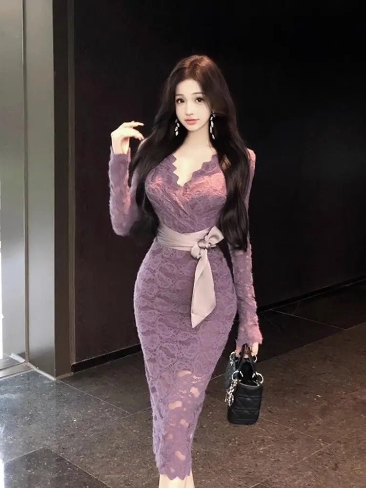 Licht en volwassen temperament Kant V-hals Jurk met lange mouwen Dames Nieuwe stijl Bandjes met binnenkant om de billen te bedekken