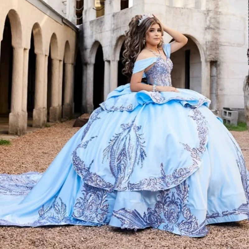 

Sky Blue Quinceanera Dresses Off The Shoulder Sequin Applique Lace Beads Bow Tull Corset Party Birthday Sweet 16 Dres Vestidos