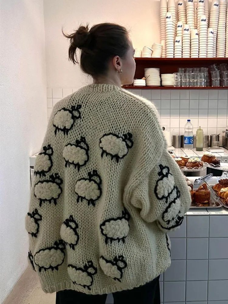 

Sheep Print Knitted V-neck Cardigan For Women Oversize Lantern Long Sleeve Sweater Coat 2024 Autumn New High Streetwear