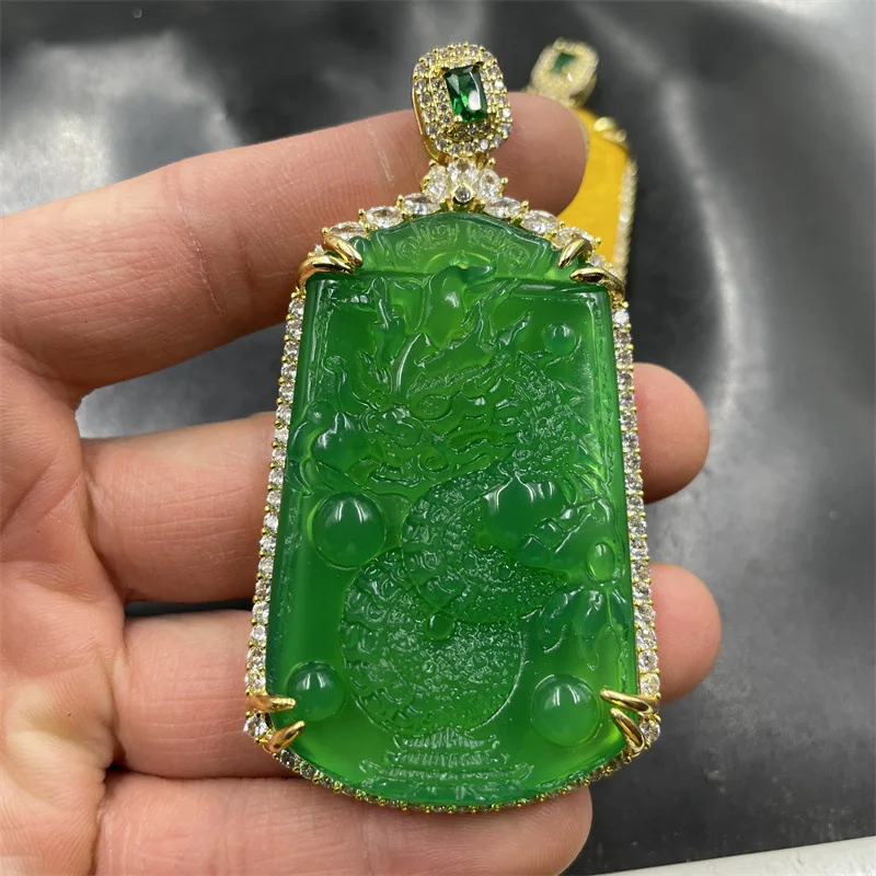 Inlaid Green Chalcedony Playing Beads Sweater Chain Yellow Agate Zodiac Pendant