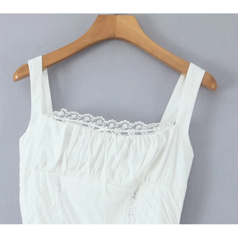 Jastie レーススプライシングエレガントなホワイトノースリーブドレス女性スクエアネック A ラインミディサマードレスパーティーローブ 2025