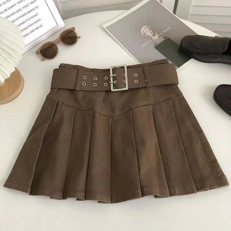 Fashion Belt Pleated Mini Skirt Women Sexy High Waist Casual Sweet Skirts Summer Chic Solid Simple Female Dance A Line Skirt New