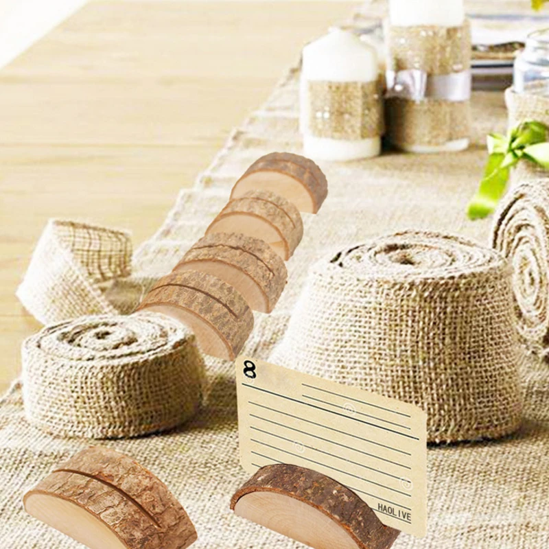 1 pz/lotto Porta carte in legno semicircolare naturale Ceppo di legno Porta carte per festa di nozze Supporto per menu da scrivania Clip per foto