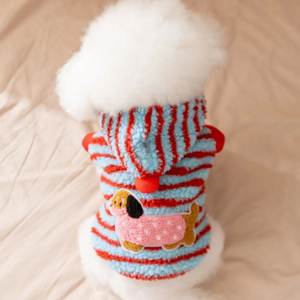 

Cartoon Pattern Striped Dog Hoodie Thickened Wind Proof Pet Hooded Jacket Warm with Ball Winter Dog Clothes Outdoor