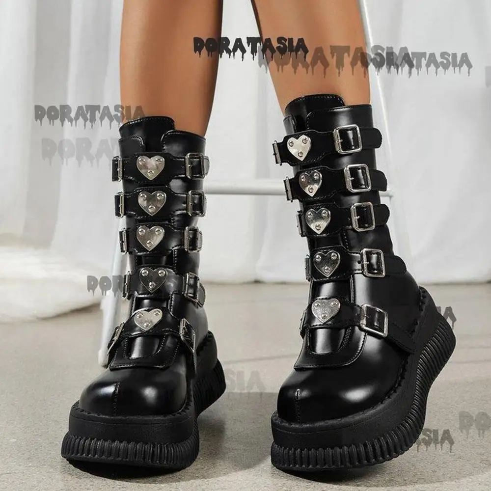 Stivali da moto da donna con plateau fibbia con zeppa spessa scarpe a metà polpaccio Luxury Punk Goth Cosplay Lolita Holloween wotter Boots