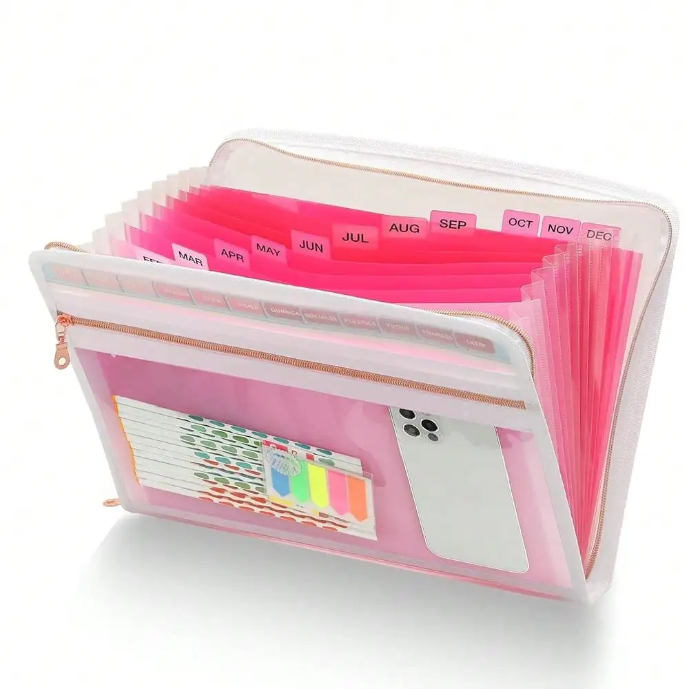 

Zippered Accordion File Organizer With Front Mesh Pouch, 13 Pocket Expanding File Folder, Fit For Documents Letter Size A4 Papers, Clear
