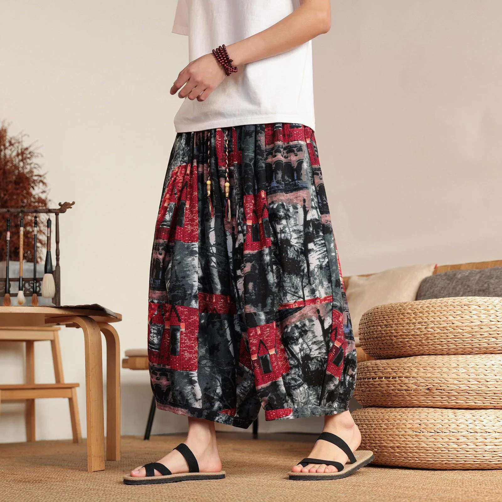 Men Summer Loose Harem Pants Chinese Cotton Ethnic Print Elephant Linen Oversize Sweatpants Quality Casual Male Bloomer Trousers