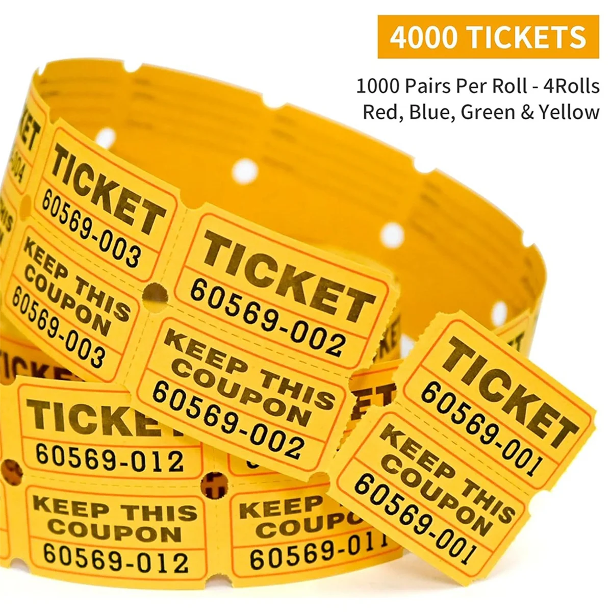 

A681I 4000 Double Raffle Tickets-4 Assorted Colors (Blue,Yellow,Red,Green) 1000 Tickets Per Roll for Fundraisers & Parties