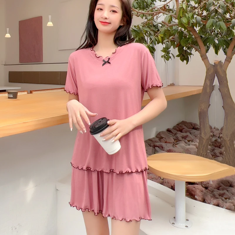 Loose Modal Nightgown Short Sleeve Short Pants Sleepwear Two-Piece Set Women Summer Thin Home Clothes Cotton Ensemble