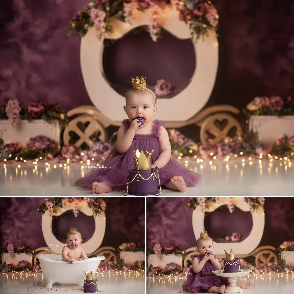 Cake Smash Background Light Purple Floral Accents Carriage Lightbox Curtain Baby Shower Birthday Portrait Backdrop Photography