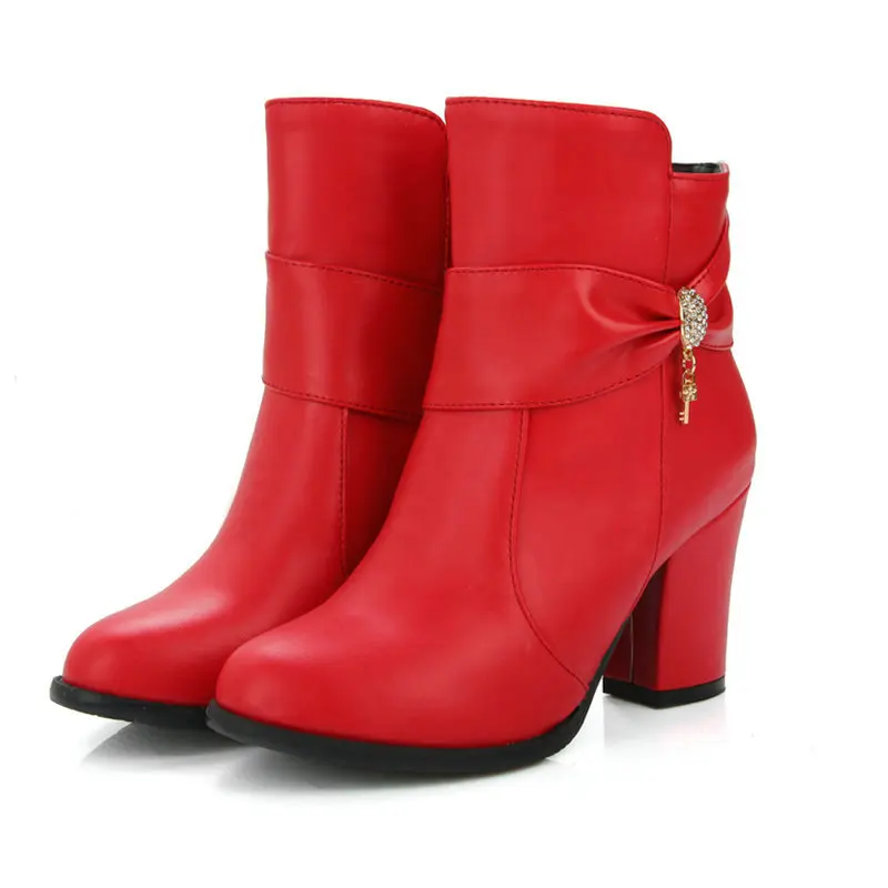 Extra Big Size 51 52 53 54 Round Toe Block Chunky High Heels Winter Shoes Wide Calves Zipper Ankle Chelsea Boots with Bowtie