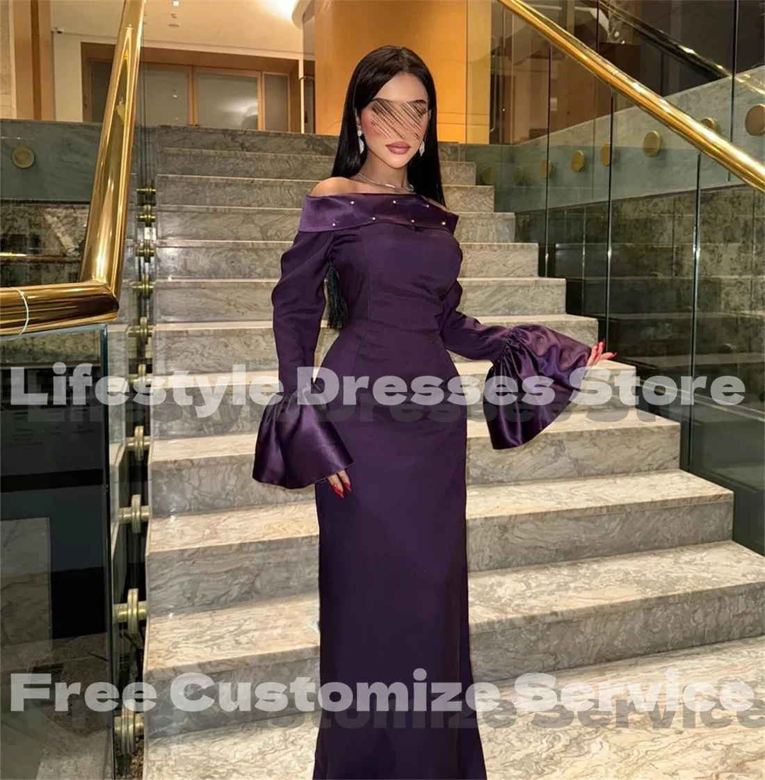 Maßgeschneidertes Satin-Lila-Perlen-Abendkleid mit langen Ärmeln, Saudi-Damen, süßes formelles Partykleid, Hochzeits-Abschlussballkleid