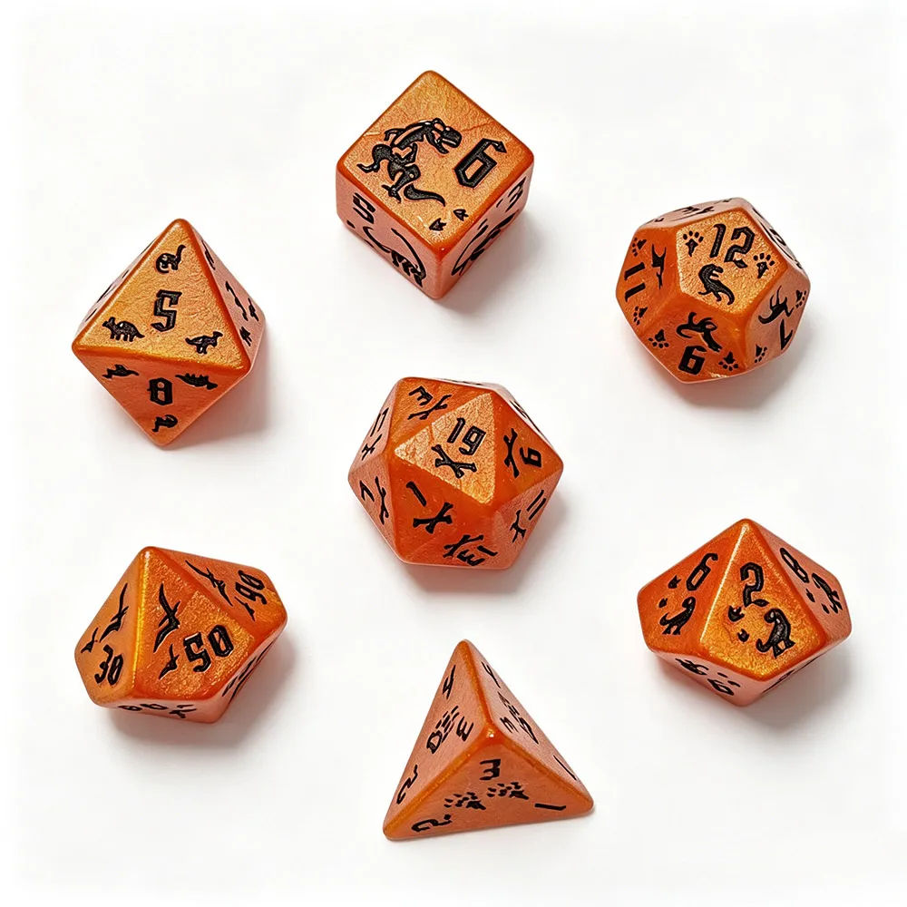 Jurassic Amber Orange Dinosaur Theme Dice Set, Orange Engraved DND Dice for Prehistoric TTRPG Games DND Dice for RPG Games view 5