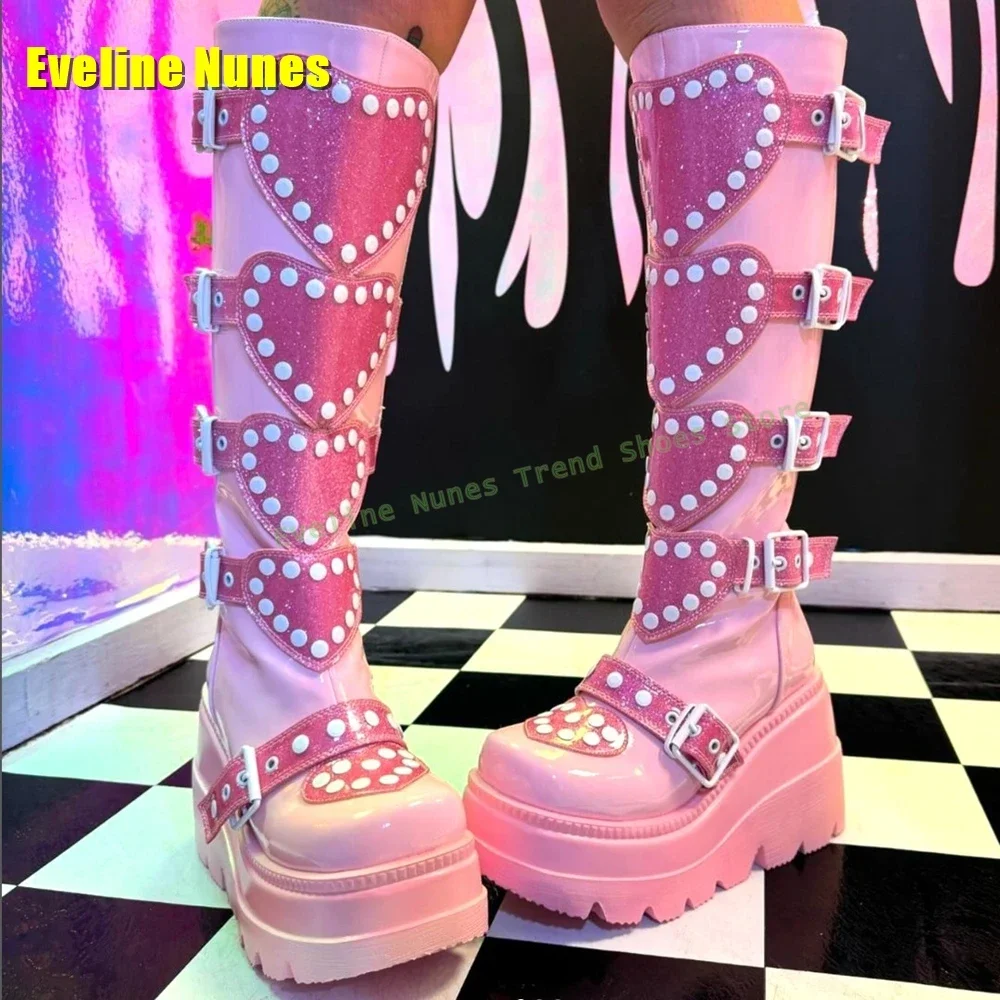 Heart Belt Buckle Y2K Boots Pink Round Toe Thick Sole Platform Wedge Knee High Boots Sweet Cool Fashion Shoes Street Style 2026 view 5