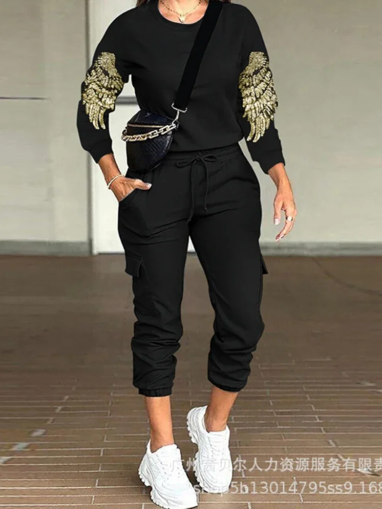 Pant Sets Women Two Piece Sets Sequin Long Sleeve Tracksuit Tops Lace Up Elastic Waist Long Pants Elegant Casual Splice Autumn