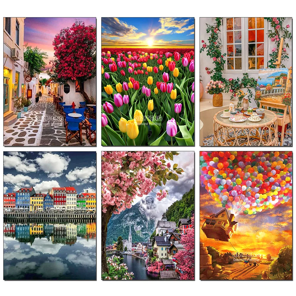 Blumenlandschaft 5D-Diamant-Malerei-Set zum Selbermachen, Stadtstraßenszene, Diamant-Stickerei, Gemälde voller Bohrer, Mosaik, Heimdekoration, Geschenke